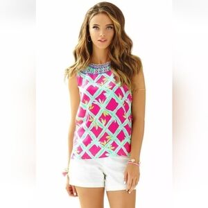 Lilly Pulitzer 100% Silk lona Shell Capri Pink Bam for your Buck Top